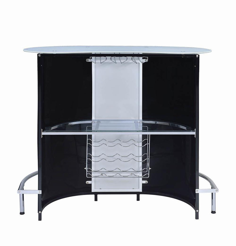 Contemporary Black and Chrome Bar Unit with Frosted Glass Top