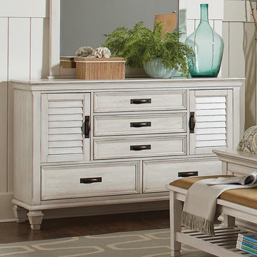 Franco Antique White Five-Drawer Chest With Louvered Panel Doors