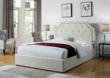 Hermosa Beige Upholstered King Bed With Hydraulic Lift Storage