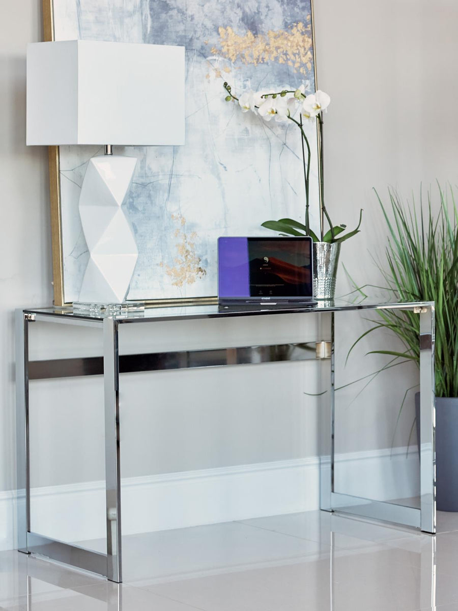 Contemporary Chrome and Glass Top Writing Desk