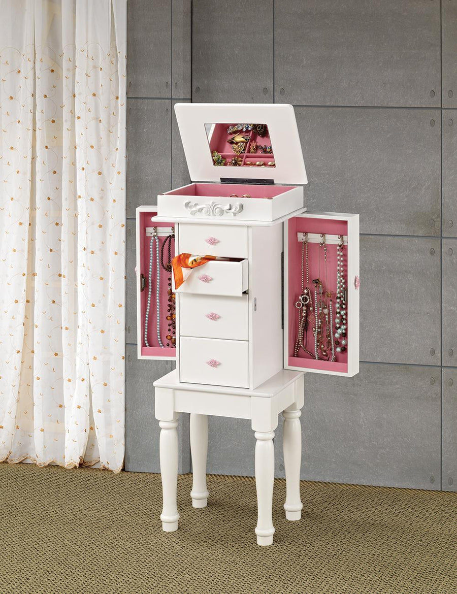 Traditional White Jewelry Armoire with Pink Interior