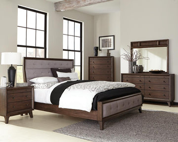 Bingham Retro-Modern Brown Upholstered Eastern King Four-Piece Bedroom Set